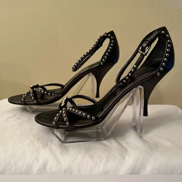 Prada Studded Ankle Strap Heels, Black, Size 39-1/2 (9-1/2 US,) GUC - Picture 1 of 15